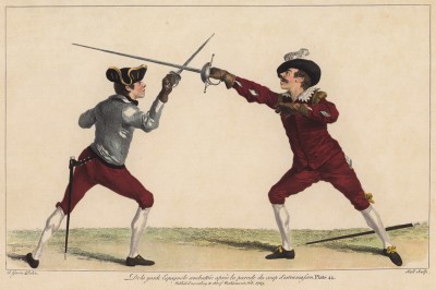 Испанская стойка, побеждённая после показа удара лезвием клинка (лист 44 знаменитого учебника по фехтованию Доменико Анджело, изданного в 1763 году в Лондоне). Репринт 1968 года.