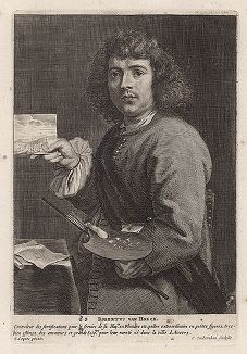 Роберт ван ден Хеске (1622  -- 1668 гг.) -- фламандский рисовальщик, гравер и живописец-баталист. Гравюра Корнелиса ван Каукеркена с оригинала Гонзалеса Кокса. 