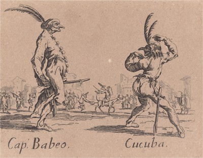 Капитан Бабео и Кукуба (Cap. Babeo - Cucuba). Из цикла офортов конца 19 века, выполненного по серии гравюр Жака Калло "Balli Di Sfessania" (Танцы беззадых (бескостных)), в которой он изобразил персонажей итальянской "Комедии дель Арте"