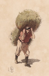 Нижний чин на заготовке фуража (из "Иллюстрированной истории верховой езды", изданной в Париже в 1893 году)
