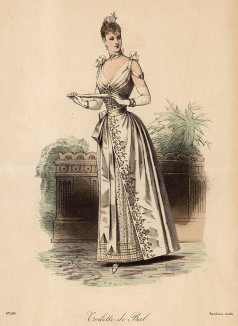 Открытое белое бальное платье, расшитое золотой нитью. Из французского модного журнала Le Coquet, выпуск 251, 1889 год
