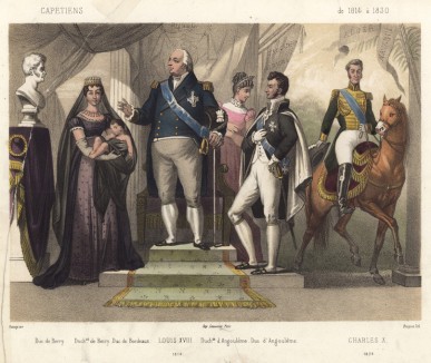 Людовик XVIII — король Франции (1814—1824, с перерывом в 1815) в окружении вдовы герцога Беррийского с сыном и герцога Ангулемского с супругой; Карл X (1824 - 1830) - последний представитель старшей линии Бурбонов на французском престоле