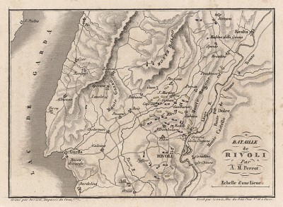План сражения при Риволи 14-15 января 1797 г. Составил французский картограф Аристид-Мишель Перро. Пять австрийских дивизий под командованием генерала-фельдмаршала Йозефа Альвинци атаковали позиции генерала Бонапарта.