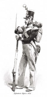 Солдат французской лёгкой пехоты в полевой форме образца 1832 года (из Types et uniformes. L'armée françáise par Éduard Detaille. Париж. 1889 год)