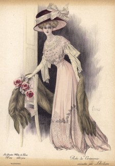 Платье мягкой шерсти персикового цвета, меховое манто с кистями, всё - Levilion (Les grandes modes de Paris за 1907 год).