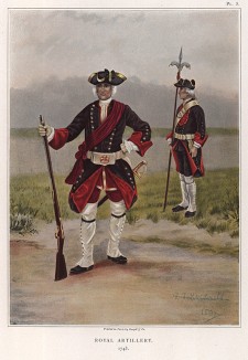 Офицер и канонир в форме образца 1743 года (лист III работы "История мундира королевской артиллерии в 1625--1897 годах", изданной в Париже в 1899 году)