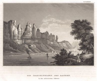 Песчаные скалы Бастай в Швейцарии рядом с курортом Ратен. Meyer's Universum, Oder, Abbildung Und Beschreibung Des Sehenswerthesten Und Merkwurdigsten Der Natur Und Kunst Auf Der Ganzen Erde, Хильдбургхаузен, 1840 год.