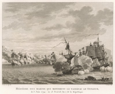 Героизм моряков корабля «Мститель». 3 июня 1794 г. близ Бреста французский морской конвой атакован английской эскадрой (перевес сил явно в пользу англичан). Французы укрываются в порту, но «Мститель», несмотря на героизм экипажа, идет ко дну. Париж, 1804