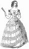 Воздушное бальное платье, сшитое из тарлатана с жёстко прокрахмаленной кисеей, украшенное рюшами из того же материала -- парижская мода, июнь 1844 года (The Illustrated London News №109 от 01/05/1844 г.)