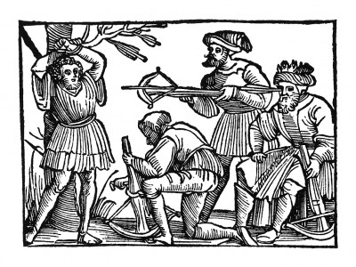 В Христофора стреляют из арбалета. Из "Жития Святого Христофора" (S. Christops Geburt und Leben) неизвестного немецкого мастера. Издал Johann Weyssenburger, Ландсхут, 1520. 