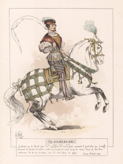 Итальянский граф Чезаре Фьяски (1523--1568), автор известного в XVI веке трактата о верховой езде (из "Иллюстрированной истории верховой езды", изданной в Париже в 1891 году)