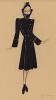 Двубортное приталенное пальто шоколадного цвета с высоким воротником из каракульчи из коллекции осень-зима 1942-43 года парижского дизайнера Мари-Луиз Брюйер (собственноручная гуашь автора). Уникальный документ истории моды времен Второй мировой войны