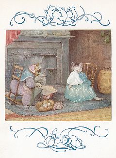 Миссис Рибби и Табита сидят у камина. Иллюстрация Беатрис Поттер к "Сказке о пироге и Сэме-Усике" (The Roly-Poly Pudding), Нью-Йорк, 1908 год. 