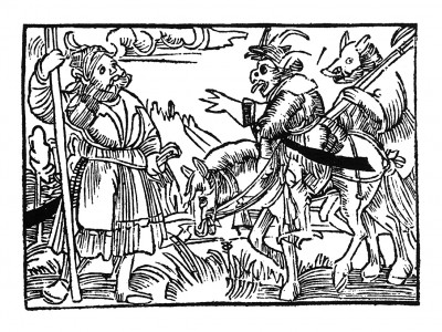 Офферус встречает Сатану. Из "Жития Святого Христофора" (S. Christops Geburt und Leben) неизвестного немецкого мастера. Издал Johann Weyssenburger, Ландсхут, 1520. 