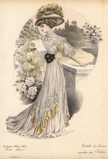 Платье в мелкий горошек, пояс, украшенный золотыми пуговицами, шляпа из шёлка под цвет волос - наряд от Redfern (Les grandes modes de Paris за 1907 год).