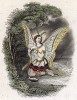 Бабочка-павлиноглазка с птичкой на берегу реки Колорадо. Les Papillons, métamorphoses terrestres des peuples de l'air par Amédée Varin. Париж, 1852