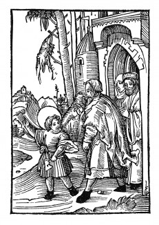 Святой Вольфганг на пути в Вюрцбург. Из "Жития Святого Вольфганга" (Das Leben S. Wolfgangs) неизвестного немецкого мастера. Издал Johann Weyssenburger, Ландсхут, 1515