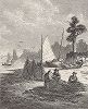 Рыбаки чинят сети на берегу реки Неверсинк-ривер. Лист из издания "Picturesque America", т.I, Нью-Йорк, 1872.