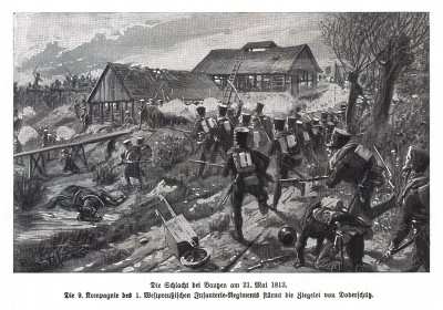 Солдаты 1-го Восточнопрусского пехотного полка в сражении при Бауцене 21 мая 1813 г. Илл. Рихарда Кнотеля, Die Deutschen Befreiungskriege 1806-15. Берлин, 1901