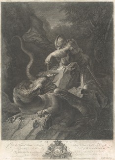 Ясон, древнегреческий герой, предводитель аргонавтов, усыпляет дракона соком особых трав, что позволяет похитить золотое руно. Гравюра Джона Бойделла с живописного оригинала Сальватора Розы. Лондон, 1765 