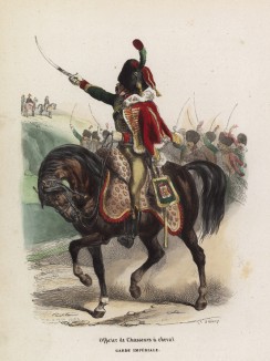 Офицер гвардейских конных егерей приветствует императора (из популярной работы Histoire de l'empereur Napoléon (фр.), изданной в Париже в 1840 году с иллюстрациями Ораса Верне и Ипполита Белланжа)