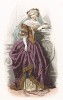 Французские моды эпохи короля Людовика XIII. Приталенное платье с расшитым кружевным лифом, рукава украшены бантиками. 