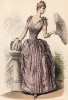 Розовое бальное платье, расшитое цветами, изящные перчатки и веер с перьями. Из французского модного журнала Le Coquet, выпуск 238, 1888 год