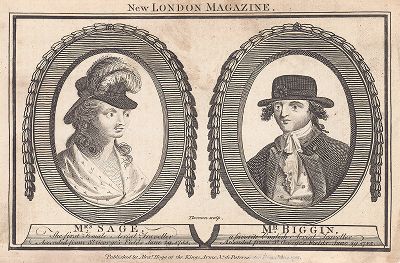 Летиция Энн Сейдж -- первая женщина-воздухоплаватель, и Джордж Биггин, вместе поднявшиеся над Лондоном на воздушном шаре 29 июня 1785 года. The New London Magazine от 29 июня 1785.