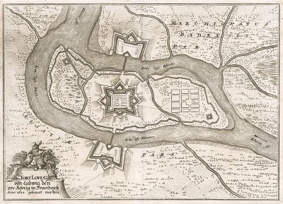 Форт Луи (Fort Louis), возведенный в 1688 г. маршалом Вобаном по приказу Людовика XIV на острове посреди Рейна. План составил Маттеус Мериан для работы Topographia palatinatus Rheni et vicinarum regionum. Франкфурт-на-Майне, 1695