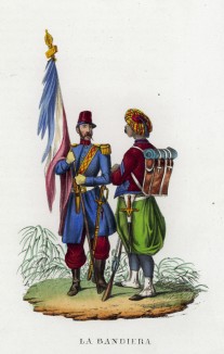 Французский офицер и спаги со знаменем (иллюстрация к L'Africa francese... - хронике французских колониальных захватов в Северной Африке, изданной во Флоренции в 1846 году)