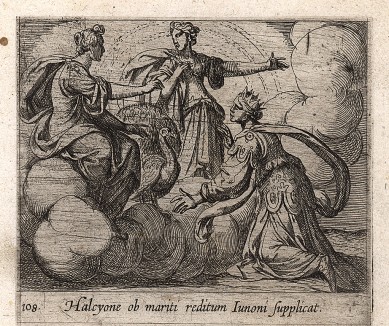 Алкиона умоляет Юнону вернуть ей мужа Кеика. Гравировал Антонио Темпеста для своей знаменитой серии "Метаморфозы" Овидия, л.108. Амстердам, 1606