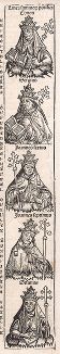 Римские папы Конон, Сергий I, Иоанн VI, Иоанн VII, Сизинний. Из знаменитой первопечатной книги Хартмана Шеделя "Всемирная хроника", также известной как "Нюрнбергские хроники". Die Schedelsche Weltchronik (Liber Chronicarum). Нюрнберг, 1493