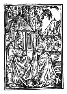 Платье Святого Бенедикта. Из "Жития Святого Вольфганга" (Das Leben S. Wolfgangs) неизвестного немецкого мастера. Издал Johann Weyssenburger, Ландсхут, 1515