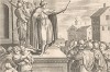 Ровоам перед народом. Лист из серии "Theatrum Biblicum" (Библия Пискатора или Лицевая Библия), выпущенной голландским издателем и гравёром Николасом Иоаннисом Фишером (предположительно с оригинальных досок 16 века), Амстердам, 1643