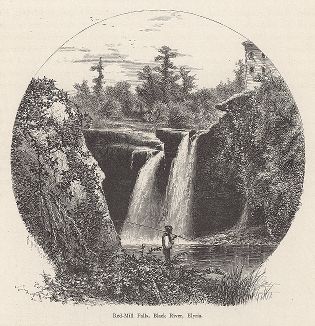 Водопад Красная мельница на реке Блэк-ривер, окрестности Элайрии, штат Огайо. Лист из издания "Picturesque America", т.I, Нью-Йорк, 1872.