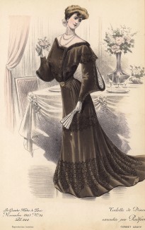 Хозяйка дома в бархатном расшитом платье с веером и букетиком цветов в ожидании мужа (Les grandes modes de Paris за 1903 год. Ноябрь)