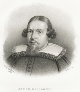 Юхан Мессениус (1579–1636), шведский историк, драматург, профессор университета в Упсале (1609). Galleri af Utmarkta Svenska larde Mitterhetsidkare orh Konstnarer. Стокгольм, 1842