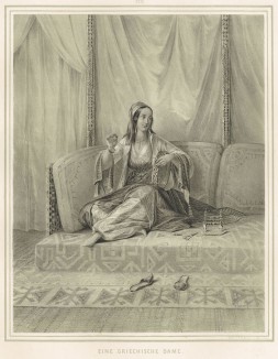 Прекрасная гречанка за вышиванием (из "Путешествия на Восток..." герцога Максимилиана Баварского. Штутгарт. 1846 год (лист XXIII))