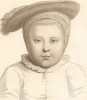 Принц Эдуард Тюдор (1537-53) будущий король Эдуард VI. Гравюра Франческо Бартолоцци по рисунку Ганса Гольбейна младшего. Imitations Of Original Drawings By Hans Holbein... Лондон, 1792-99