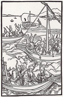 Дураки в лодках (иллюстрация к главе 48 книги Себастьяна Бранта "Корабль дураков", гравированная Дюрером в 1494 году)
