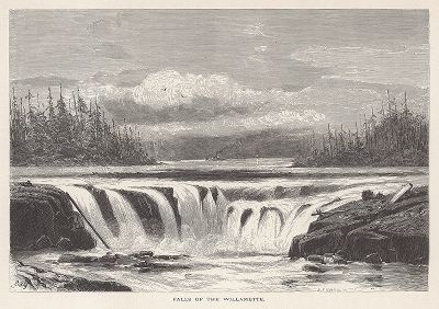 Водопады на реке Вилэмит-ривер, Северная Калифорния. Лист из издания "Picturesque America", т.I, Нью-Йорк, 1872.