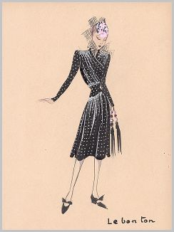 Копия &laquo;Тёмное шёлковое платье в белый горошек и шляпка Le bon ton из коллекции осень-зима 1942-43 года парижского дизайнера Мари-Луиз Брюйер (собственноручная гуашь автора). Уникальный документ истории моды времен Второй мировой войны&raquo;