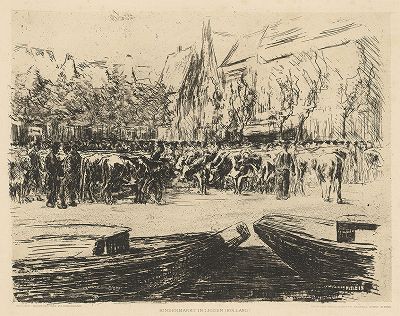 Рынок скота в Лейдене. Офорт Макса Либермана, 1900 год. 