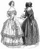 Белое платье из крепа, расшитое украшениями, напоминающими бутоны роз (слева), платье из гроденапля -- особого вида шёлковой ткани, украшенное рюшами (справа) -- парижская мода, февраль 1844 года (The Illustrated London News №91 от 27/01/1844 г.)