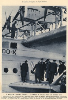 На борту Do-X, огромного самолета - летающей лодки. Клод Дорнье, конструктор этого гигантского летательного аппарата, приветствует принца Уэльского. L'аéronautique d'aujourd'hui. Париж, 1938