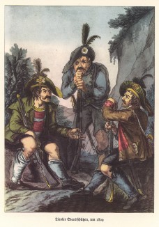 Тирольские партизаны в 1809 году (из популярной в нацистской Германии работы Мартина Лезиуса Das Ehrenkleid des Soldaten... Берлин. 1936 год)