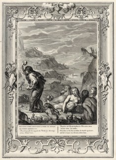 Пирра и Девкалион разбрасывают камни, возрождая род человеческий после Потопа (лист известной работы "Храм муз", изданной в Амстердаме в 1733 году)