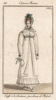 Утеплённый плащик с высоким поясом и капор в бантиках. Из первого французского журнала мод эпохи ампир Journal des dames et des modes, Париж, 1813. Модель № 1344