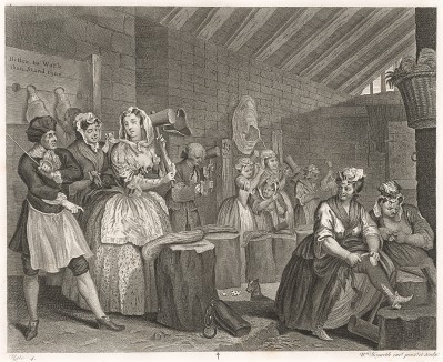 Карьера шлюхи, гравюра 4 «Сцена в Брайдвелле», 1732. Осужденная за проституцию, Молл вынуждена выполнять тяжелую работу в женской исправительной колонии в Брайдвелле. От компаньонок ее отличают ухоженность и хорошее платье. Лондон, 1838