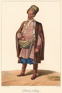Житель села Чиркей (Дагестан) в районе хребта Салатау. "Costumes du Caucase" князя Гагарина, л. 27, Париж, 1840-е гг. 